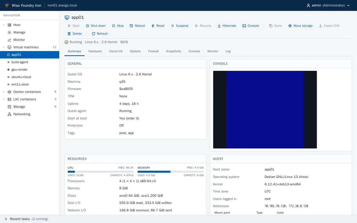 The Foundry Console showing a virtual machine on an Iron host